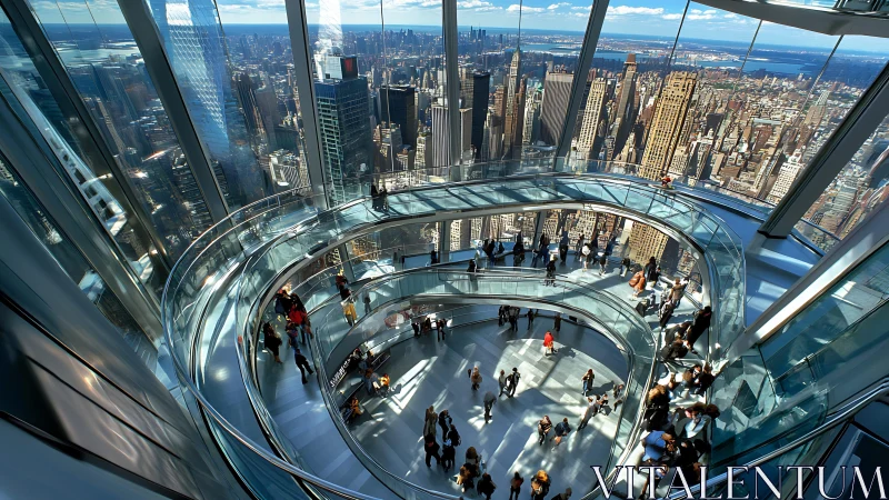 High-altitude observation deck with concentric circular platforms and Manhattan skyline view.