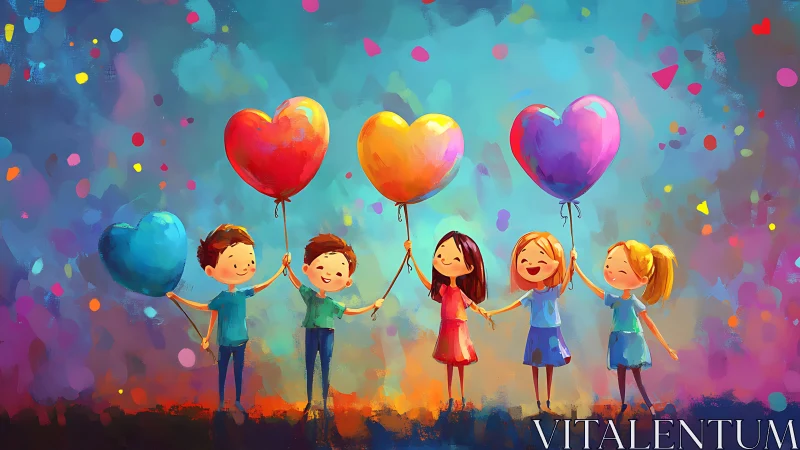 Children holding colorful heart balloons against vibrant bokeh backdrop.
