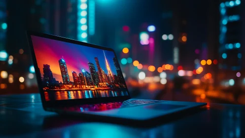 Open laptop displaying city skyline at night on desk surface.