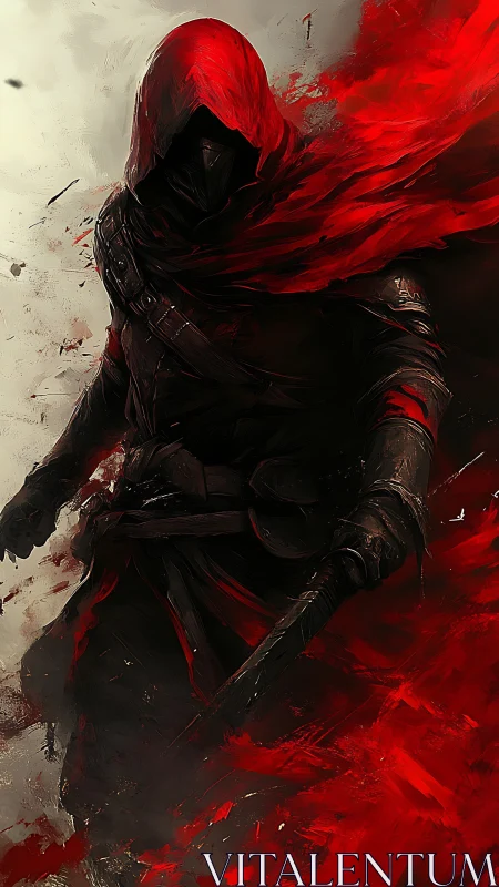 Hooded rogue assassin in red cloak amid painterly smoke
