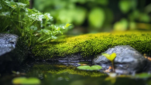 Lush moss and greenery by a serene stream, close-up nature photography.