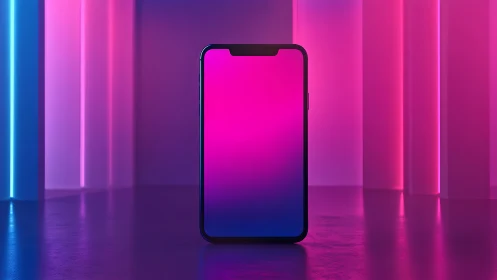 Neon-lit smartphone stands in vivid pink and blue glow.
