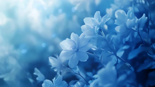 Blue flowers bloom in soft dreamy light.