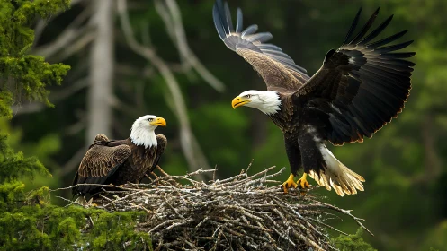 Two Bald Eagles at Nest in Vibrant Forest Nature Photography.