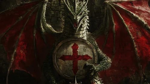 Armored dragon stands guard with crimson crusader shield.
