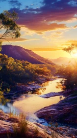 Sunlit river valley reflects vivid sunset across rocky gorge