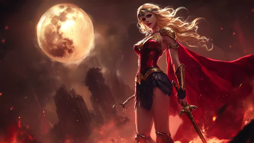 Heroic warrior under blood moon in fiery fantasy landscape.