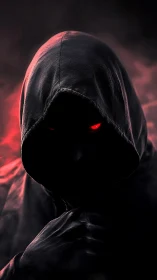 Hooded figure with red luminous eyes emerges from shadowed haze