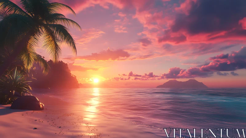 Sunset illuminates tropical beach with palm trees and islands