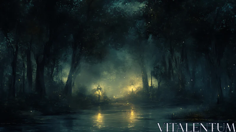 Nocturnal river glade with luminescent lantern convergence.