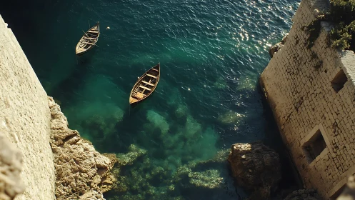 Sunlit boats drift quietly beside rugged stone sea walls