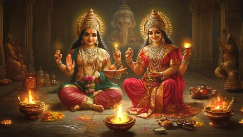 Radiant temple goddesses sharing lamp-lit festive abundance.