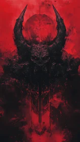 Blood-red abyss king rising through cracked infernal smoke.