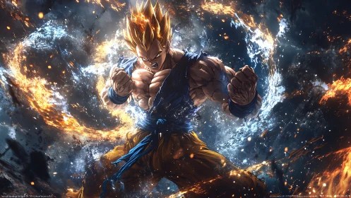 Explosive anime warrior unleashing a fiery cosmic power surge.