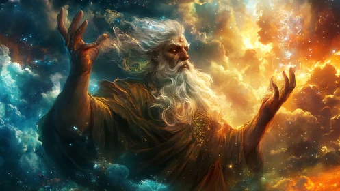 Elderly robed figure amid luminous cosmic cloudscape.