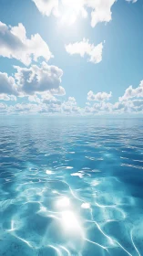 Sunlit ocean horizon under drifting cumulus clouds panorama.