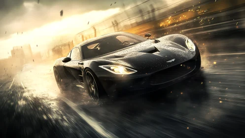 Black supercar racing on wet city road at sunset.