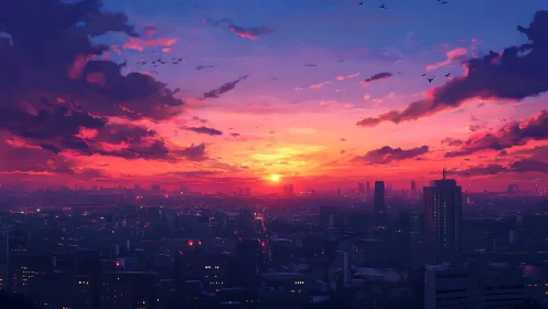 City skyline viewed at sunset under vivid layered clouds