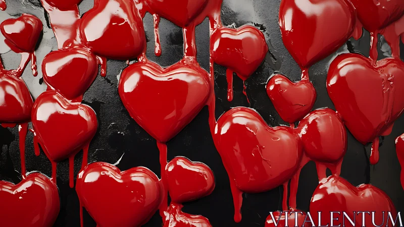 Crimson Liquid Hearts Suspended Against Charcoal Surface.