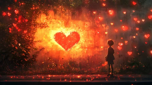 Silhouette Standing Before Glowing Heart Wall.
