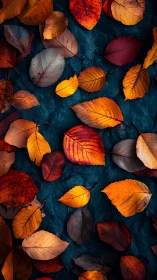 Autumn leaves ignite over deep teal stone riverbed canvas.