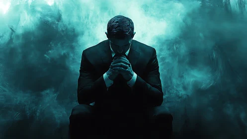 Contemplative businessman in cyan-lit atmospheric digital portrait