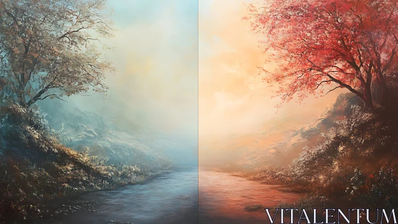 Twin seasons converge along a dreamlit riverside path.