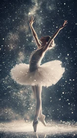 Ethereal ballerina rises in a starlit cosmic snowfall stage
