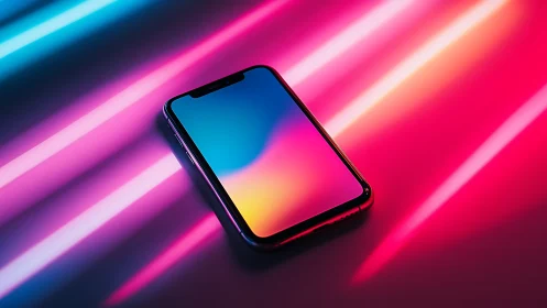 Smartphone display reflects neon gradient under streaked LED lighting