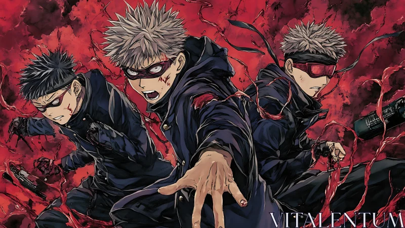 Masked anime fighters unleash cursed red energy storm.