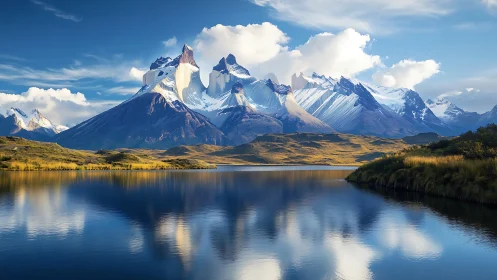 Sunlit mountain peaks rise calmly above a reflective lake