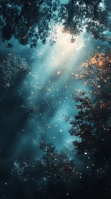 Luminescent Forest Canopy: Twilight Through Trees.