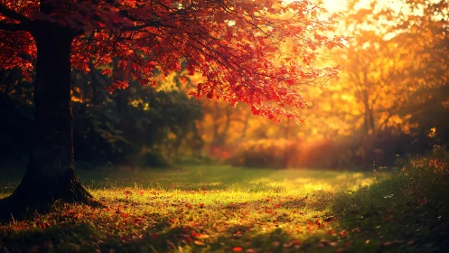 Autumn maple glows in golden forest light at sunset.