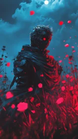 Armored wraith with red ocular core dominates neon poppy field