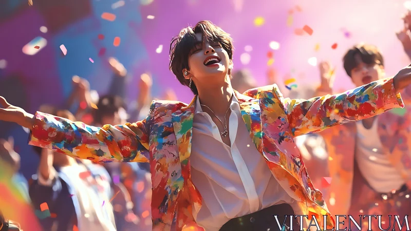 Joyful performer in colorful confetti-filled concert glow