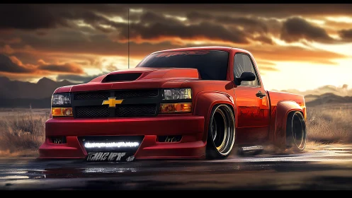 Bold red custom pickup truck glows against a vivid sunset sky