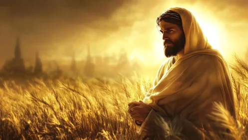 Hooded robed figure standing in a sunlit wheat field at dusk.