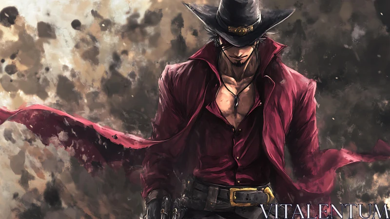Gunslinger in crimson coat strides through storm of dust.