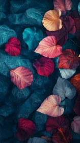 Colorful autumn leaves resting on dark textured rocks.