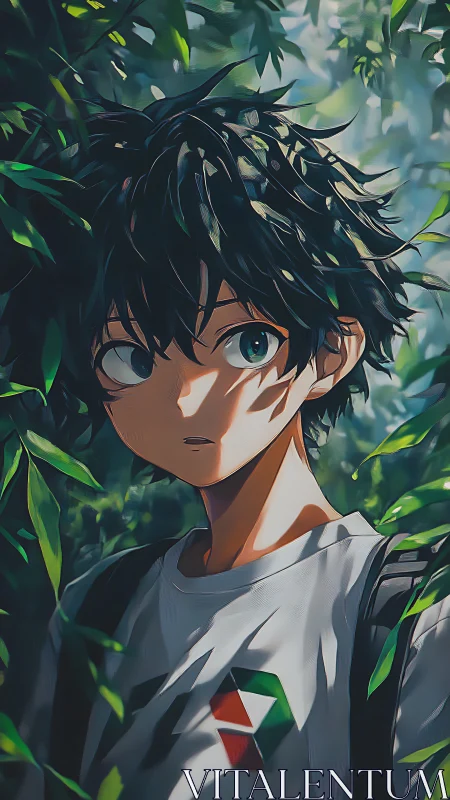 Curious anime boy pauses in a lush, sunlit forest path