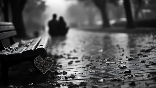 Solitary Heart Waits in Rain: A Bench's Silent Whisper.