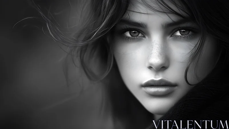 Soft winter gaze in luminous black and white portrait.