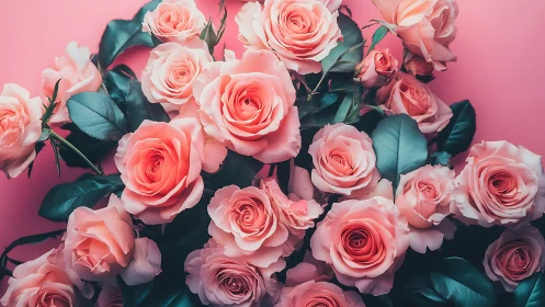 Coral roses cascade through blush backdrop, teal foliage weaves romance.