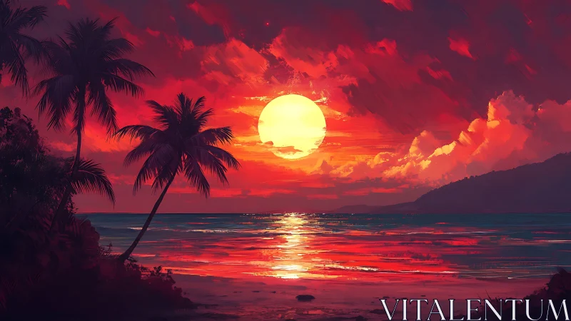 Tropical sunset illuminates palm-lined shore with red sky
