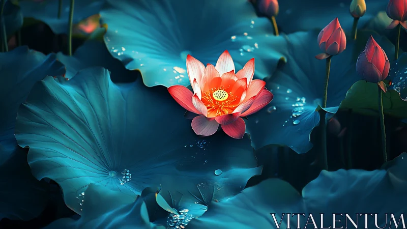 Single glowing lotus flower contrasts with dark teal leaves