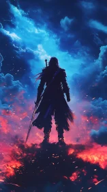 Sky-split warrior on burning clouds of twilight fire.