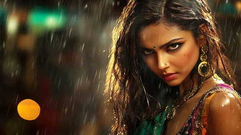 Stormlit gaze of a jeweled woman in neon-touched rainfall.