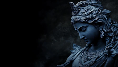 Blue stone deity bust in dramatic side profile portrait.