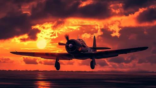 Warbird silhouette crossing molten sunset horizon.