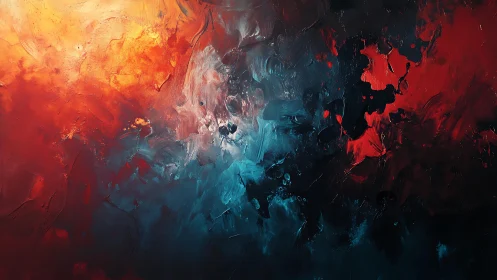Fiery and Cool Abstract Oil Painting with Bold Color Contrasts.